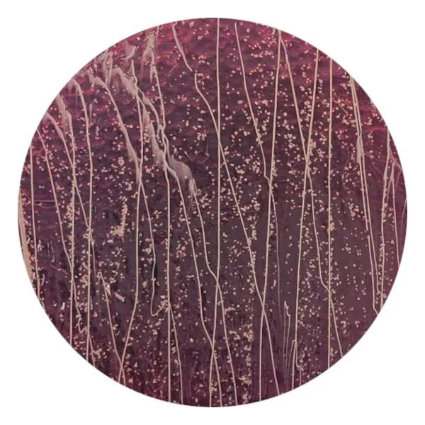 CBS Dichroic Coating Candy Apple Red on Bullseye Vanilla and White Frit with Vanilla and White Streamers Glass COE90