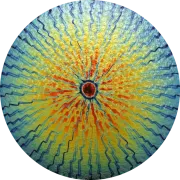 CBS Dichroic Coating Candy Apple Red Target Rainbow Voltage Pattern on Wissmach Thin Black Florentine Textured Glass COE96