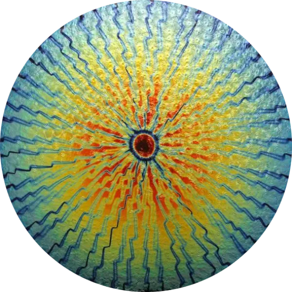 CBS Dichroic Coating Candy Apple Red Target Rainbow Voltage Pattern on Wissmach Thin Black Florentine Textured Glass COE96