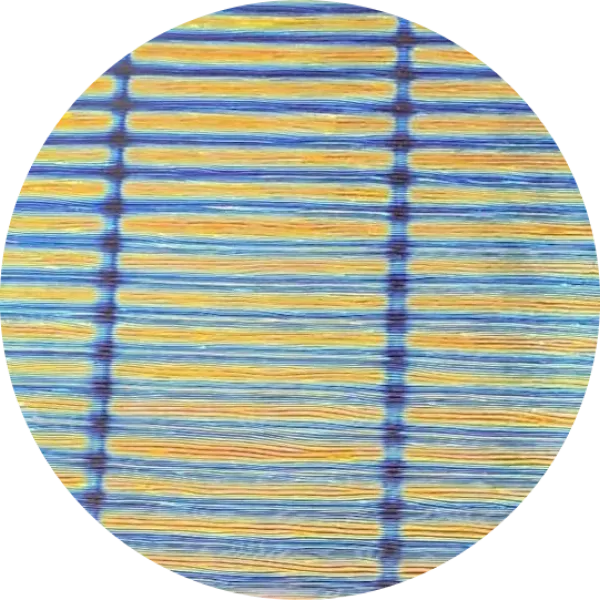 CBS Dichroic Coating Cyan/ Dark Dark Red 3/4  Stripes Pattern on Oceanside Clear Cord Texture Glass COE96