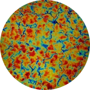CBS Dichroic Coating Cyan/ Dark Dark Red Fusion Pattern on Thin Clear Glass COE96