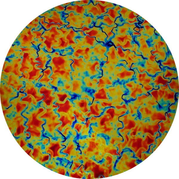 CBS Dichroic Coating Cyan/ Dark Dark Red Fusion Pattern on Thin Clear Glass COE96