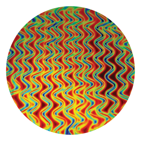 CBS Dichroic Coating Cyan/ Dark Dark Red Twizzle Pattern on Thin Black Glass COE90
