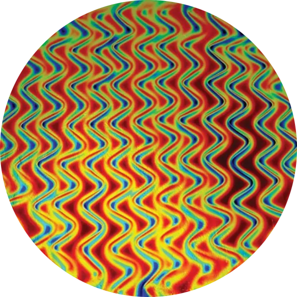 CBS Dichroic Coating Cyan/ Dark Dark Red Twizzle Pattern on Thin Black  Glass COE96
