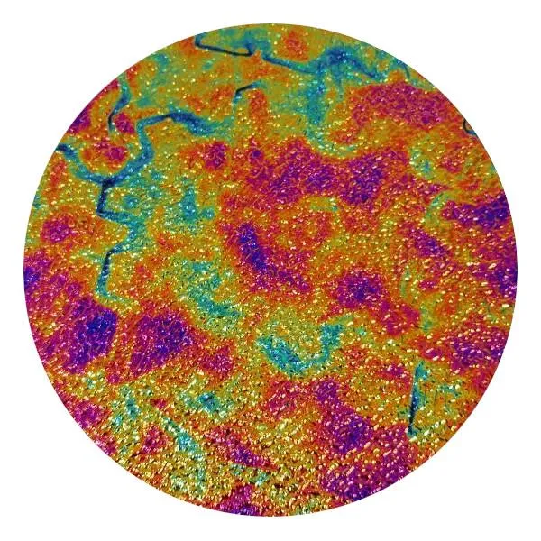 CBS Dichroic Coating Green/ Magenta Blue Fusion Pattern on Wissmach Thin Black Matrix Glass COE90