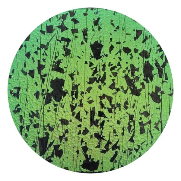 CBS Dichroic Coating Magenta/ Green on Bullseye Black Fractures with Black Streamers on Thin Clear Glass COE90