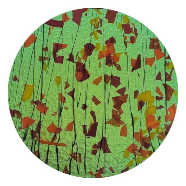 CBS Dichroic Coating Magenta/ Green on Bullseye Orange, Yellow and Red Fractures with Black Streamers Glass COE90