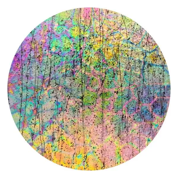 CBS Dichroic Coating Mixture Reptilian Pattern on Bullseye Mardi Gras Glass COE90