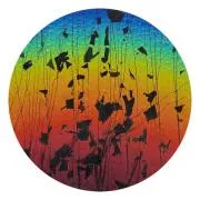 CBS Dichroic Coating Rainbow 1 on Bullseye Black Fractures with Black Streamers on Thin Clear Glass COE90