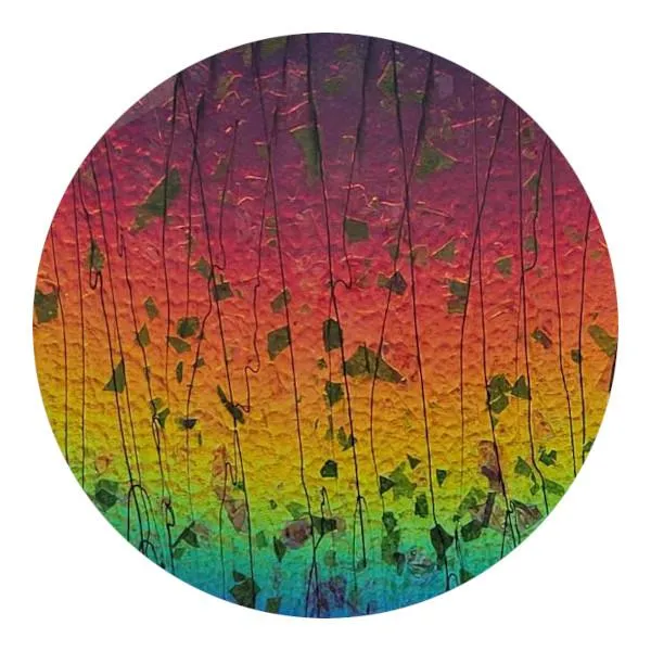 CBS Dichroic Coating Rainbow 1on Bullseye Spring Green, Deep Pink Fracture-Streamers on Clear COE90