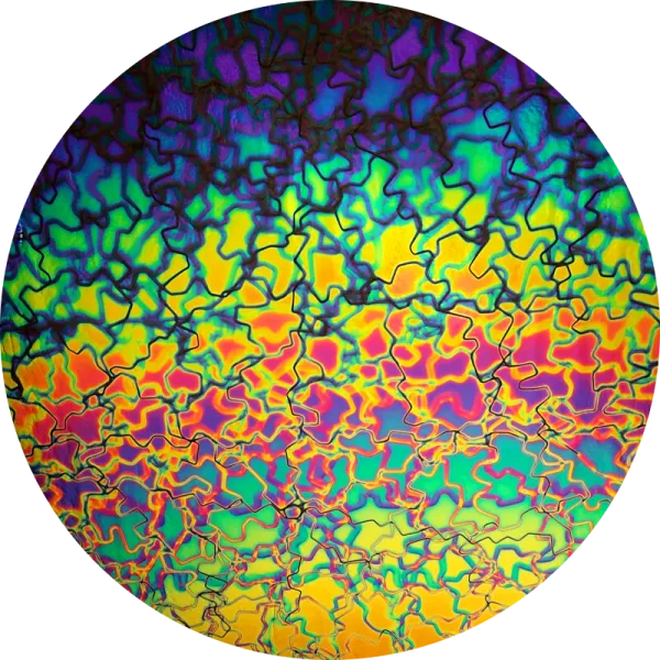 CBS Dichroic Coating Rainbow 2 Fusion Pattern on Wissmach Thin Black Florentine Textured Glass COE90