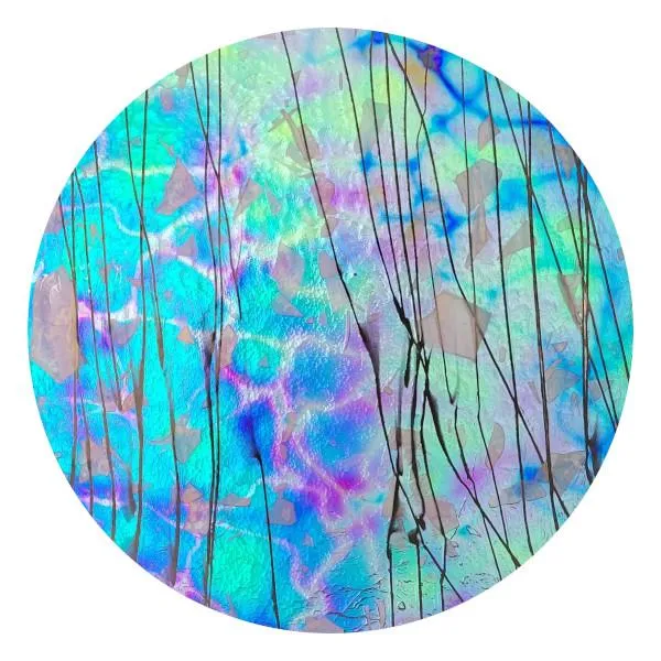 CBS Dichroic Coating Blue/ Gold Aurora Borealis Pattern on Bullseye White Fracture Streamers on Clear COE90