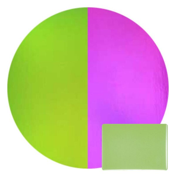 CBS Dichroic Coating Green/ Magenta on Bullseye Light Green Transparent, Thin-rolled, 2mm COE90