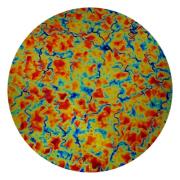 CBS Dichroic Coating Cyan/ Dark Dark Red Fusion Pattern on Thin Clear Glass COE96