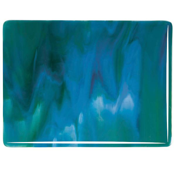 Bullseye Glass Azure Blue & Jade Green Opalescent, Neo-Lavender Shift Transparent Streaky, Double-rolled, 3mm COE90