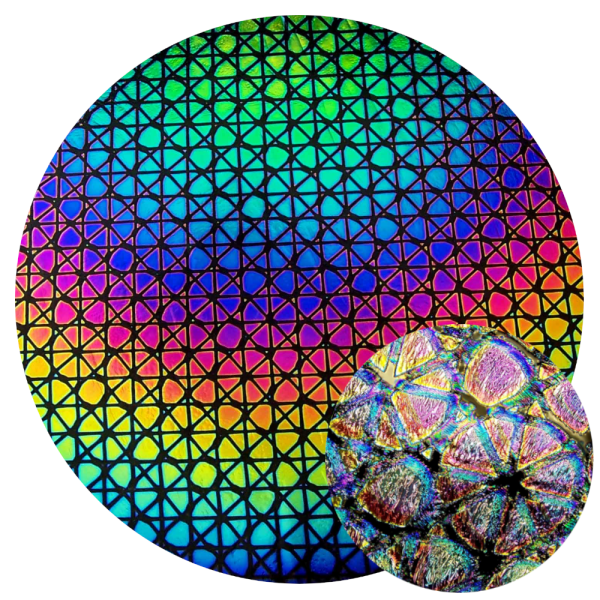 CBS Dichroic Coating Crinklized Rainbow Geodesic Pattern on Thin Black Glass COE90