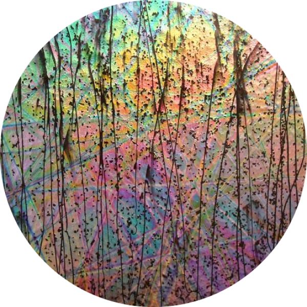 CBS Dichroic Coating Mixture Pixie Stix Pattern on Mardi Gras Glass COE90