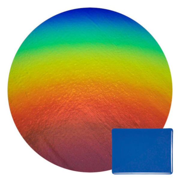 CBS Dichroic Coating Rainbow 1 on Bullseye Deep Royal Blue Transparent, Thin-rolled, 2mm COE90