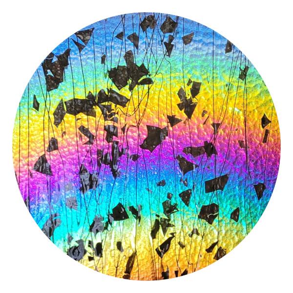 CBS Dichroic Coating Rainbow 2 Pattern on Bullseye Black Fractures with Black Streamers on Clear Glass COE90
