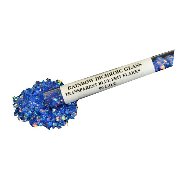 CBS Dichroic Frit Flakes 1oz on Blue Transparent Glass COE90