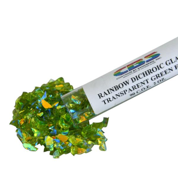 CBS Rainbow Dichroic Frit 1oz on Green Transparent Glass COE90